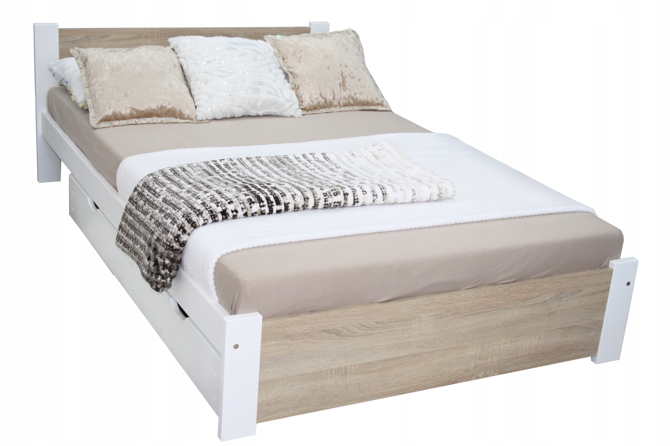 Łóżko 3D 120x200 białe + dąb sonoma stelaż masywne