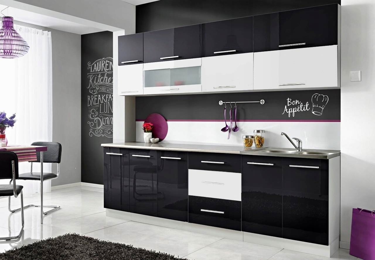 MEBLE KUCHENNE KUCHNIA SZAFKI ZESTAW CZARNY BIAŁY POŁYSK 2,6M MONIKA